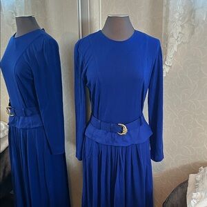 Chic Vintage Royal Blue Long Sleeve Dress with Belt size 12
